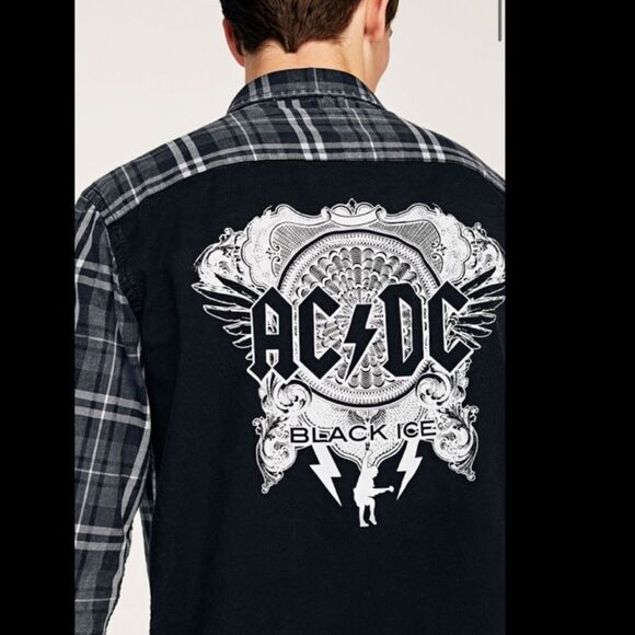 NWT Zara Man AC/DC Plaid Buttondown Shirt Blackice - Picture 1 of 9